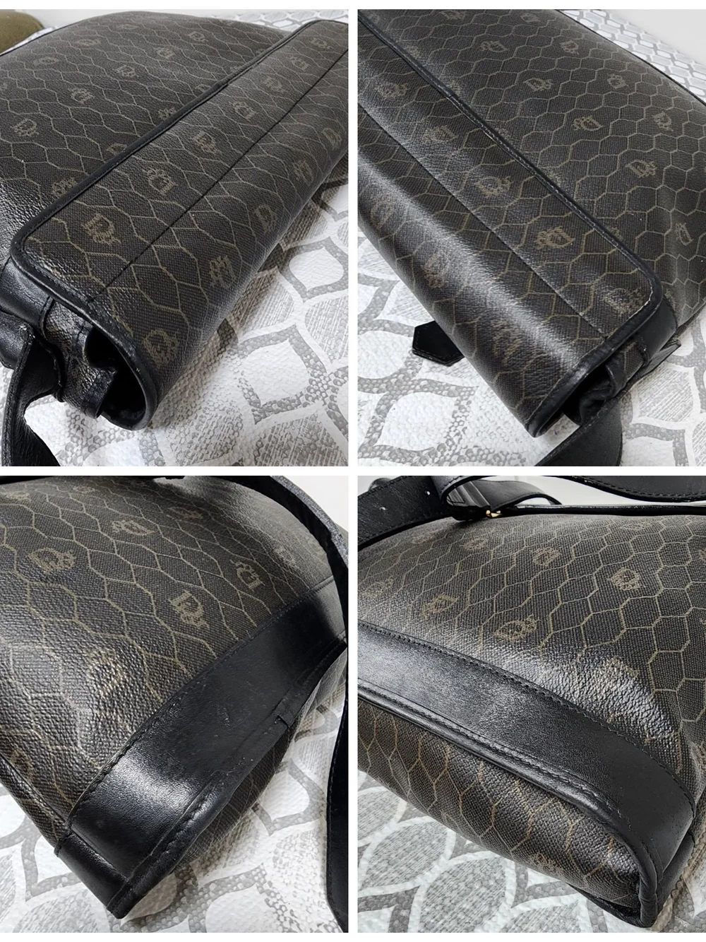 Christian Dior Vintage Honeycomb Canvas Messenger Bag Black